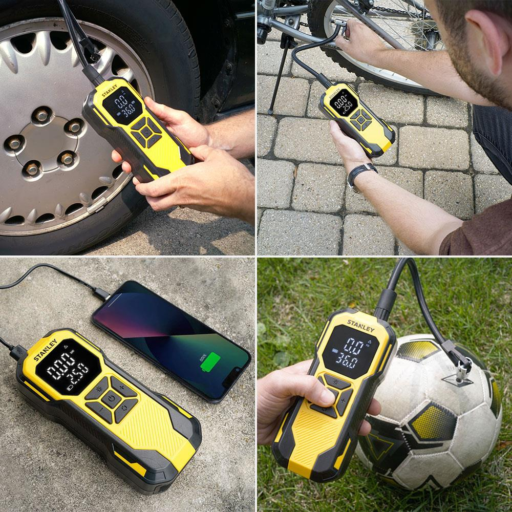Un compressore d'aria Stanley giallo viene utilizzato per gonfiare pneumatici auto, bici, telefono e pallone da calcio.