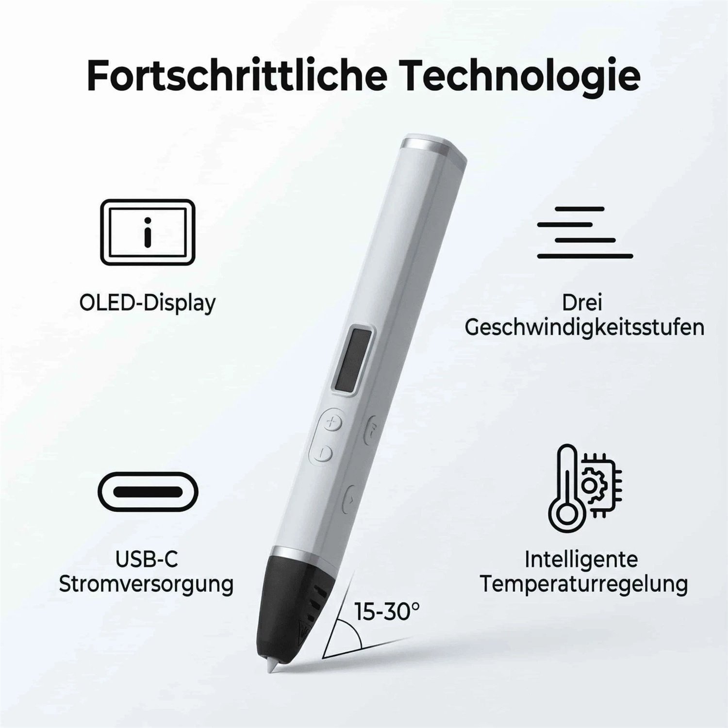 Ein weißer 3D-Stift mit OLED-Display, USB-C, drei Geschwindigkeitsstufen und Temperaturregelung.