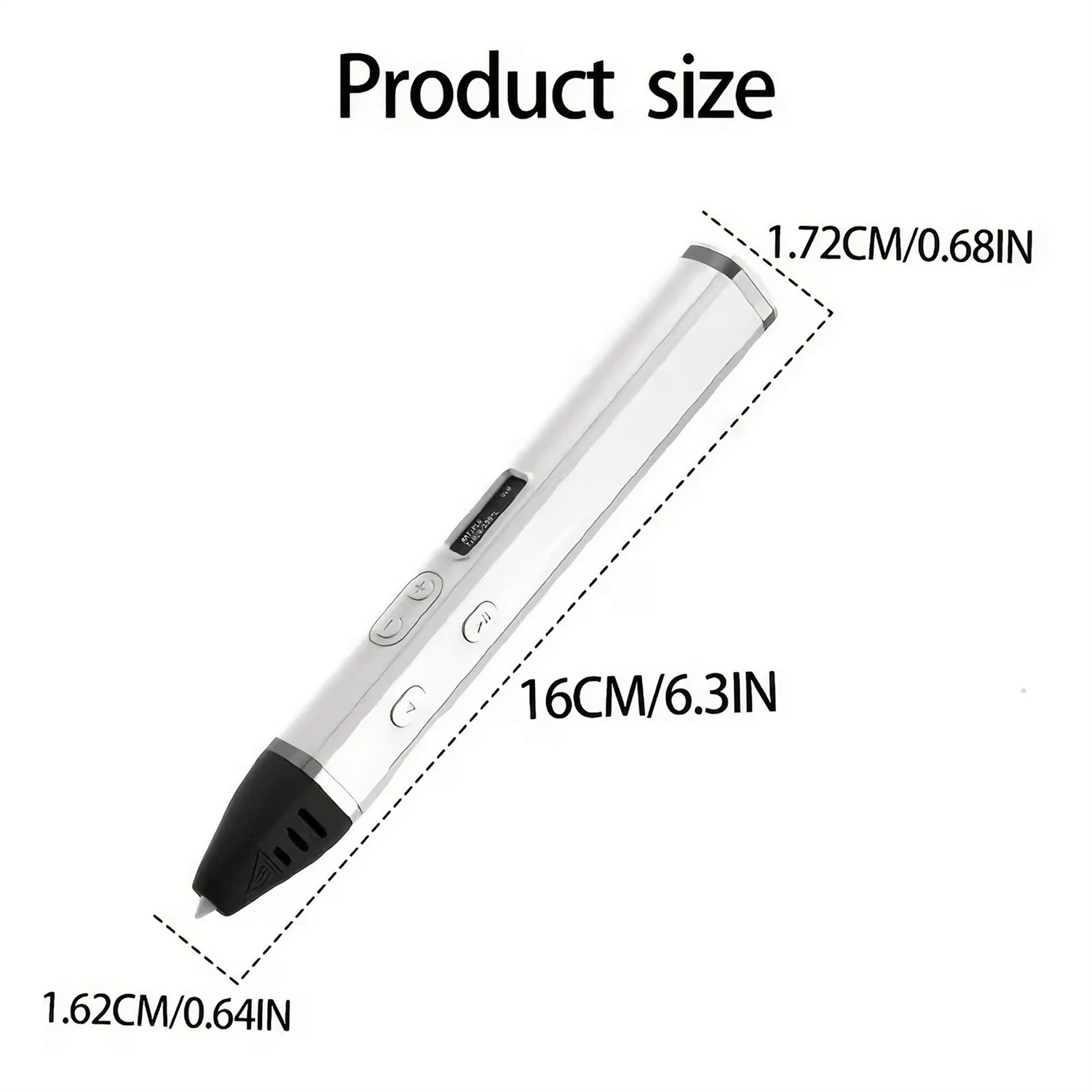 Ein weißer 3D-Stift mit schwarzen Akzenten, Maße sind angegeben.