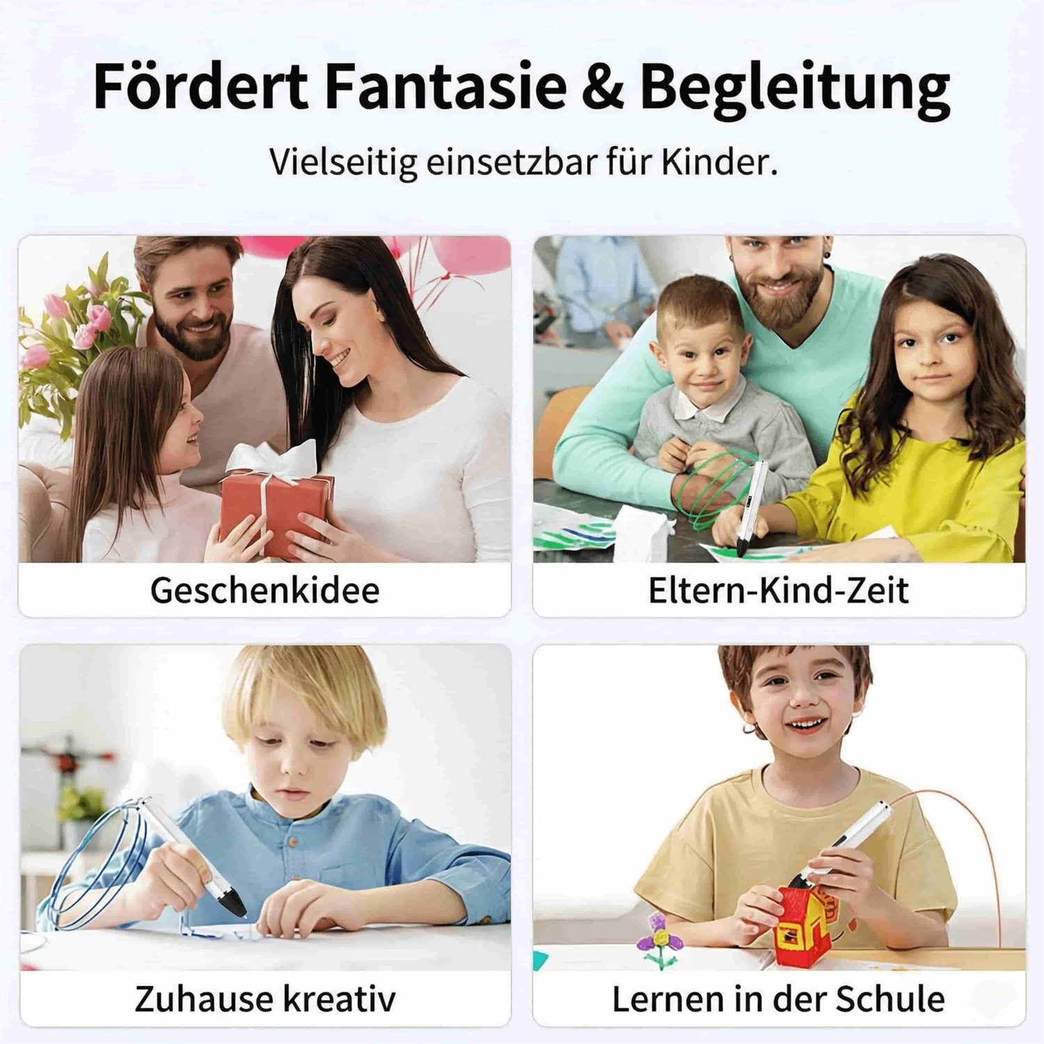Familie schenkt Geschenk, Eltern mit Kindern, Kinder basteln.
