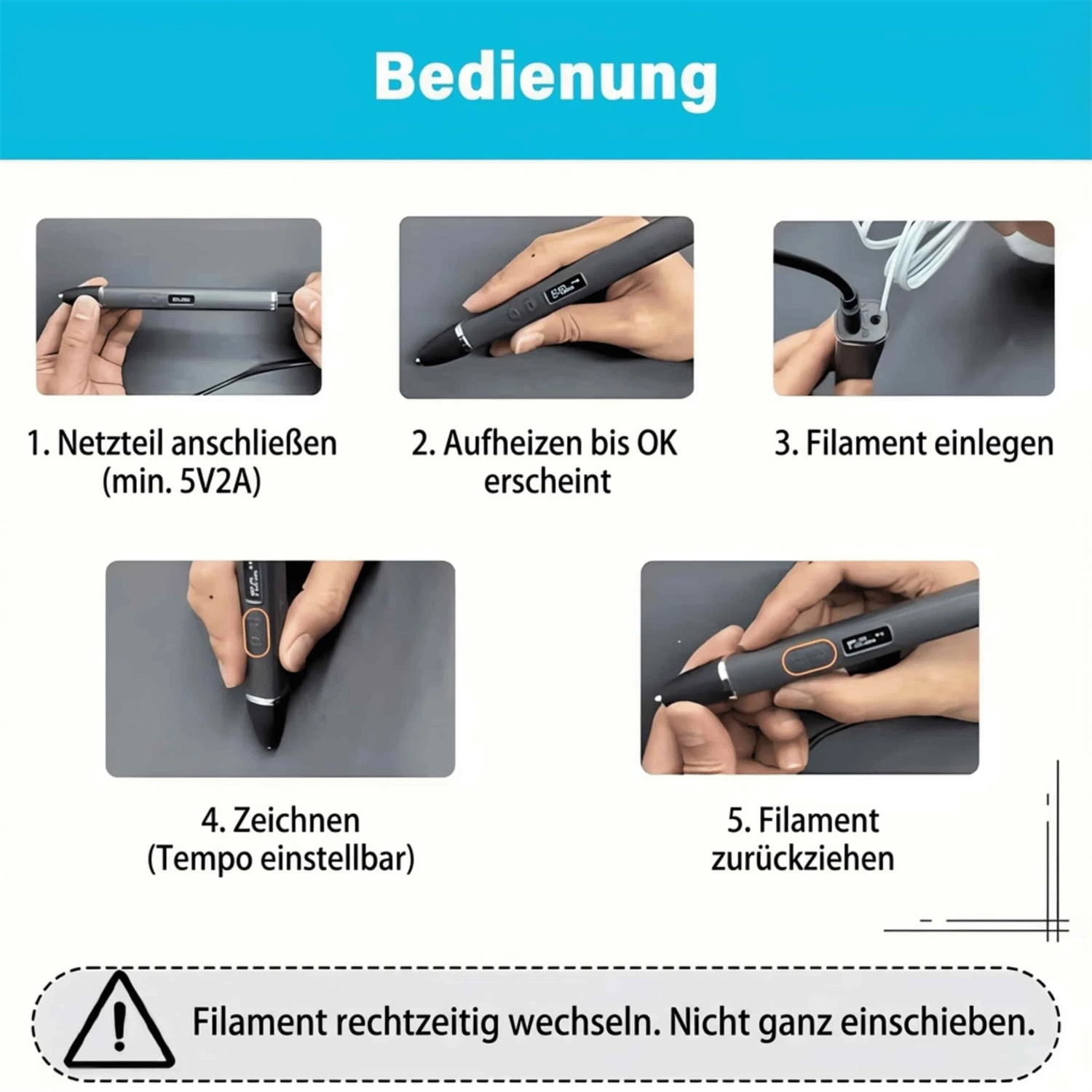 Anleitung in 5 Schritten: Netzteil anschließen, aufheizen, Filament einlegen, zeichnen, Filament zurückziehen.