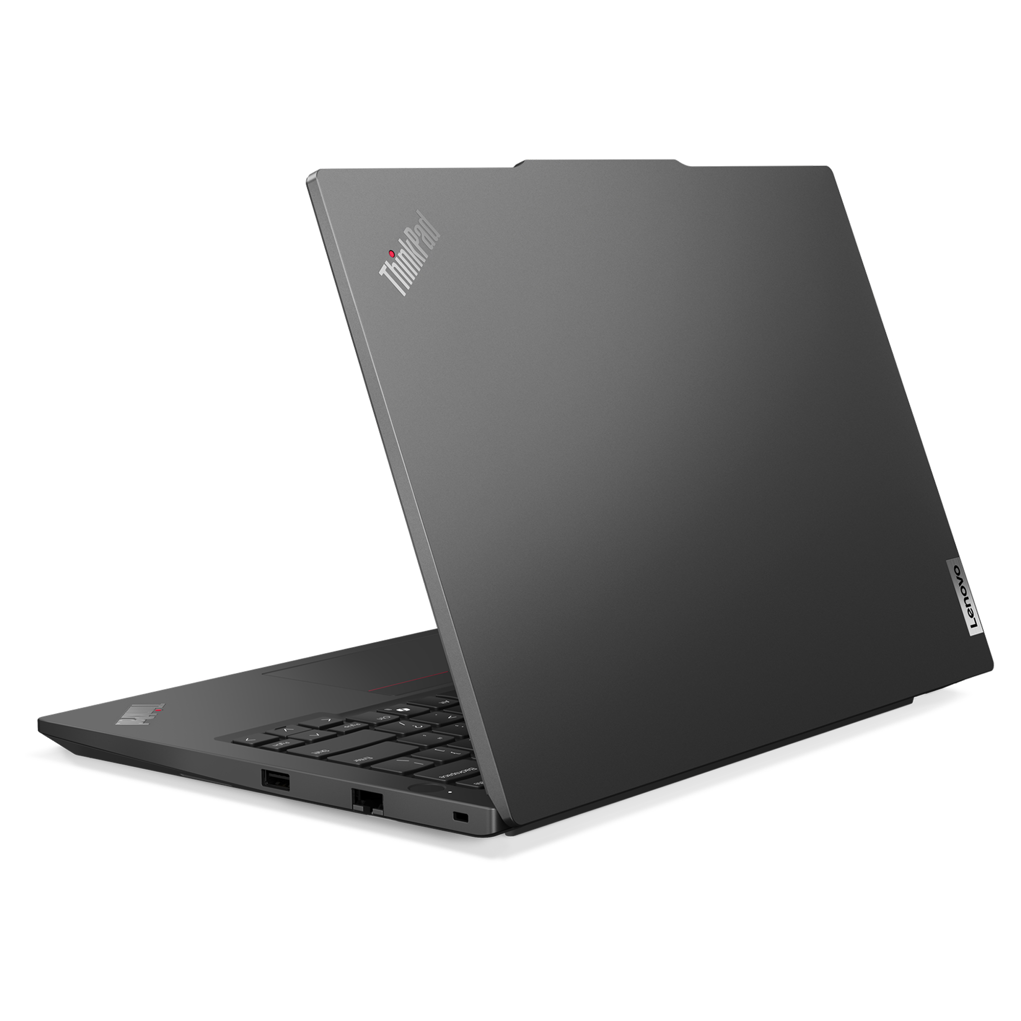 ThinkPad logosuna sahip kapalı, koyu gri Lenovo ThinkPad dizüstü bilgisayar.