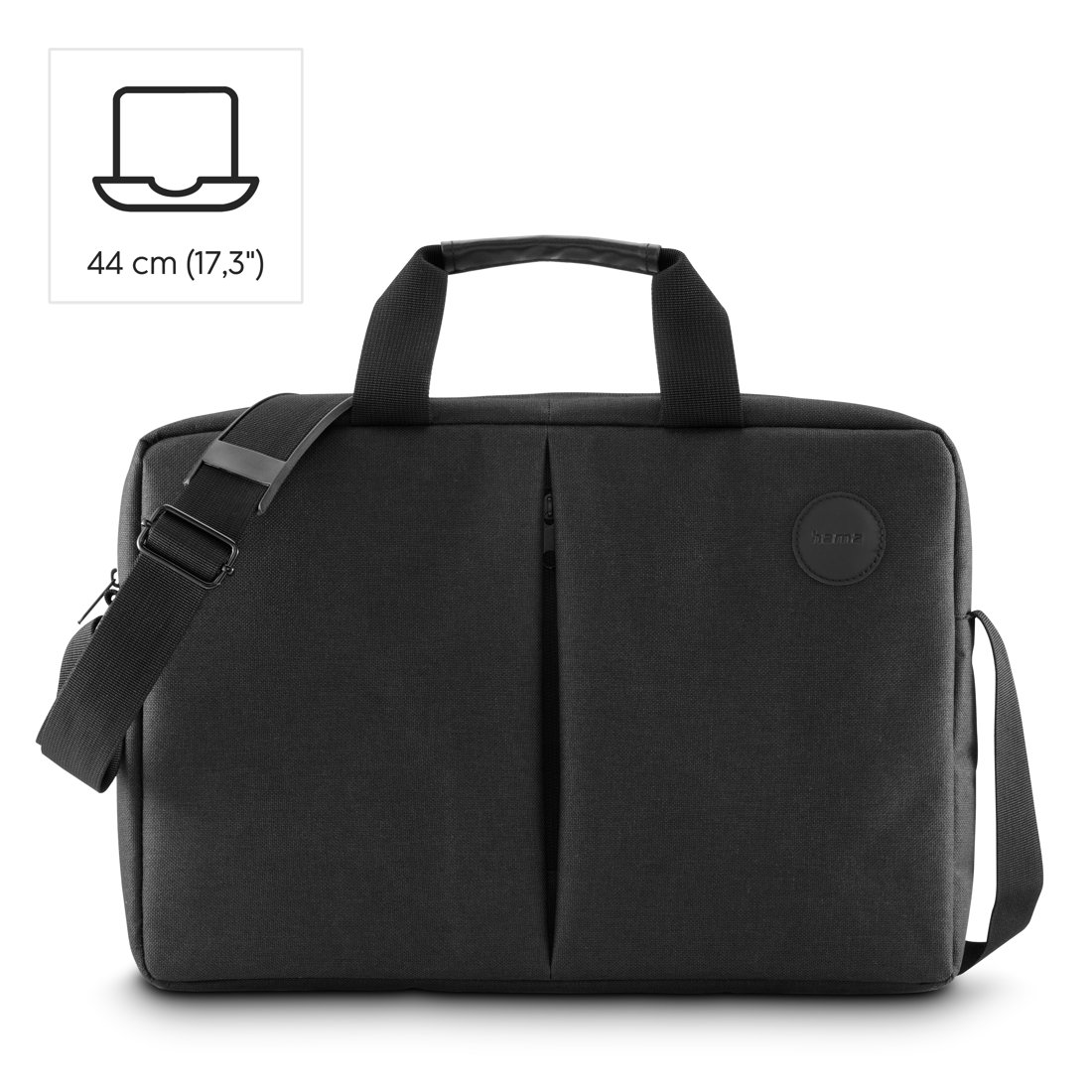 Czarna torba na laptopa z uchwytami i paskiem na ramię.