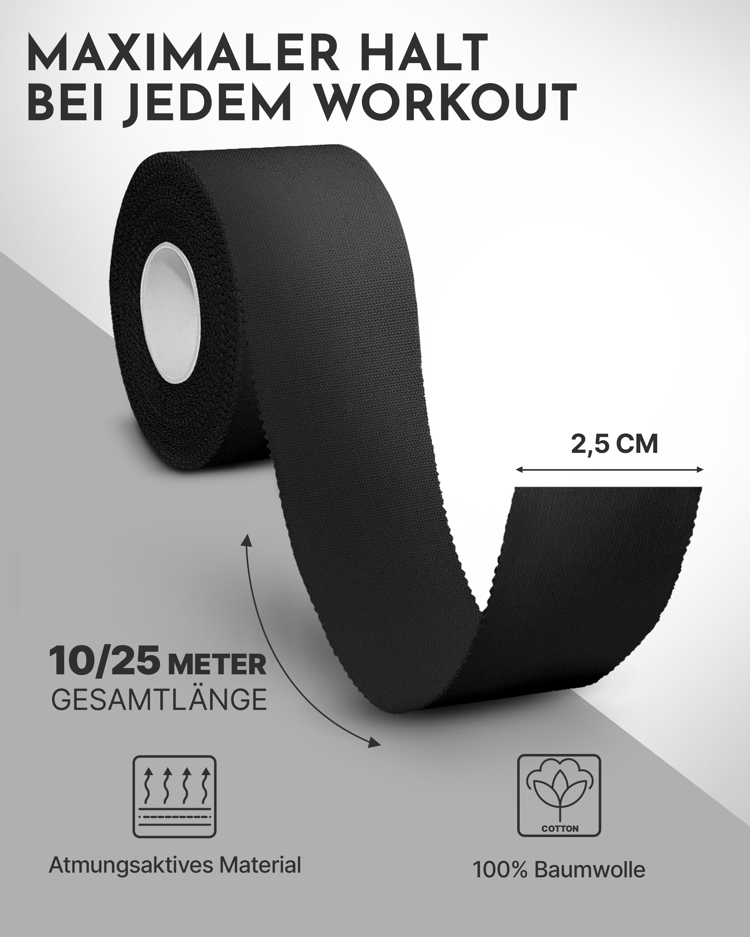 Schwarzes Sportband, 2,5 cm breit, 10/25m lang, atmungsaktiv.