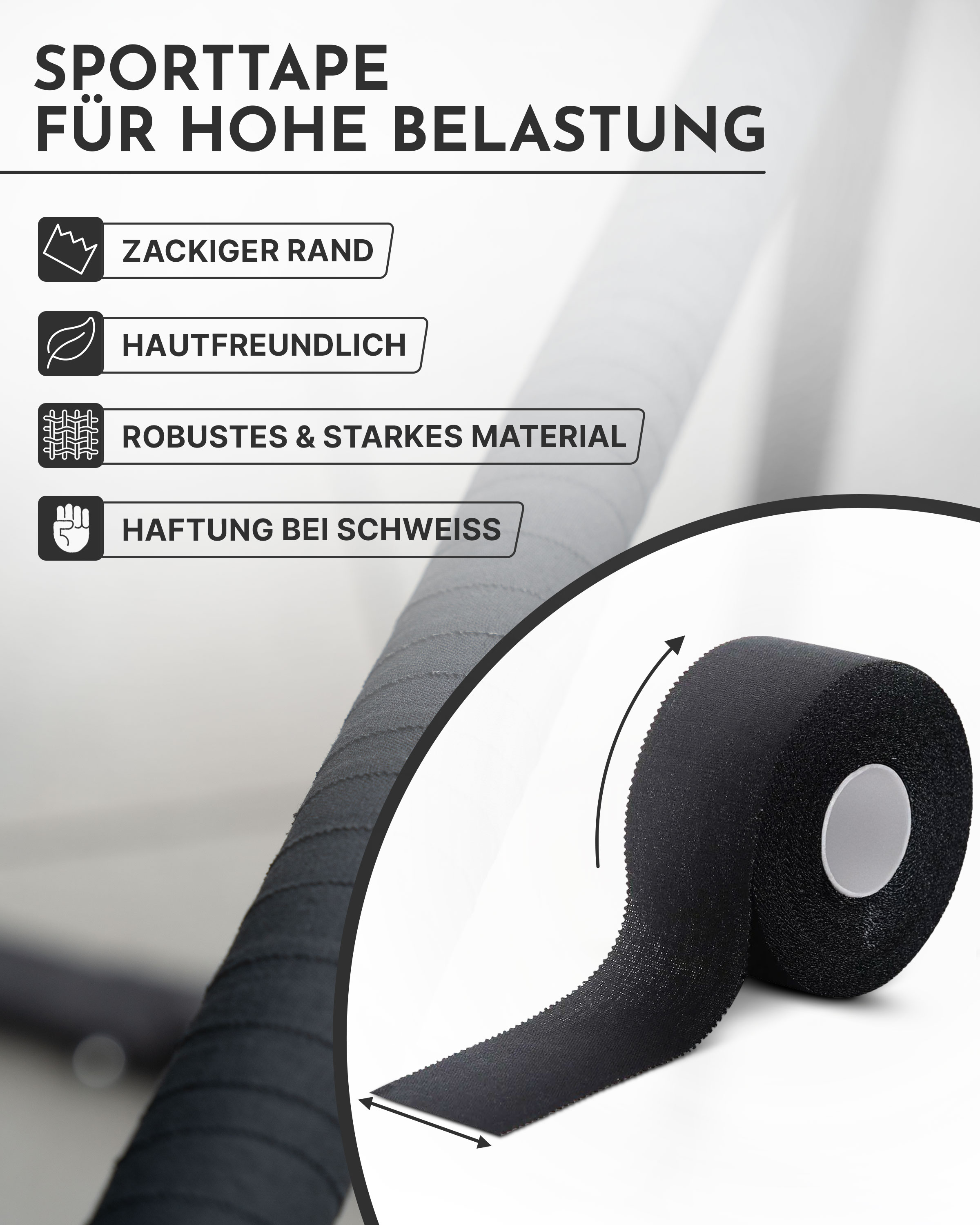 Schwarzes Sporttape mit Zackenrand, hautfreundlich, robust und haftend bei Schweiß.