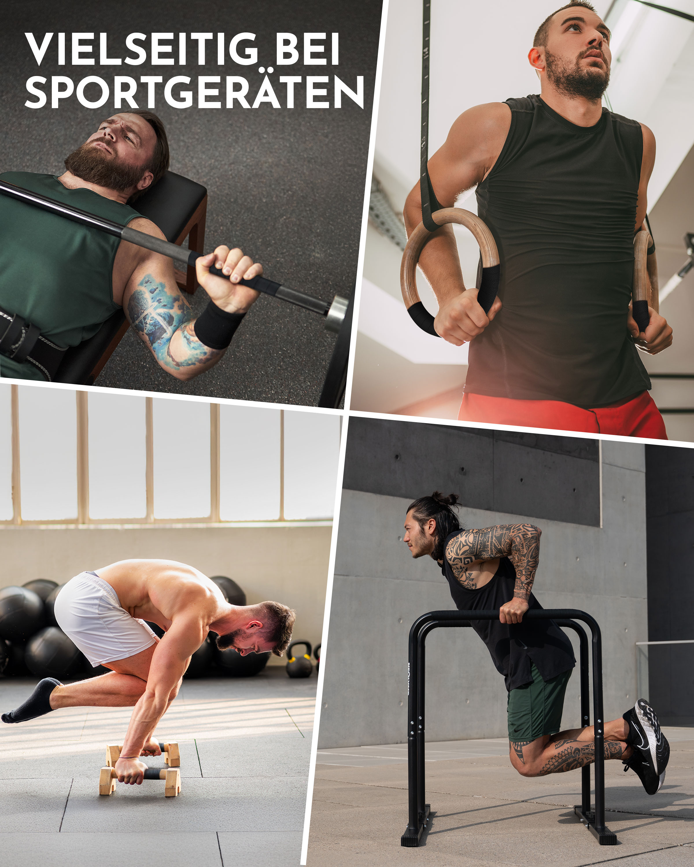 Vier Männer trainieren mit verschiedenen Sportgeräten in Fitnessstudios und im Freien.