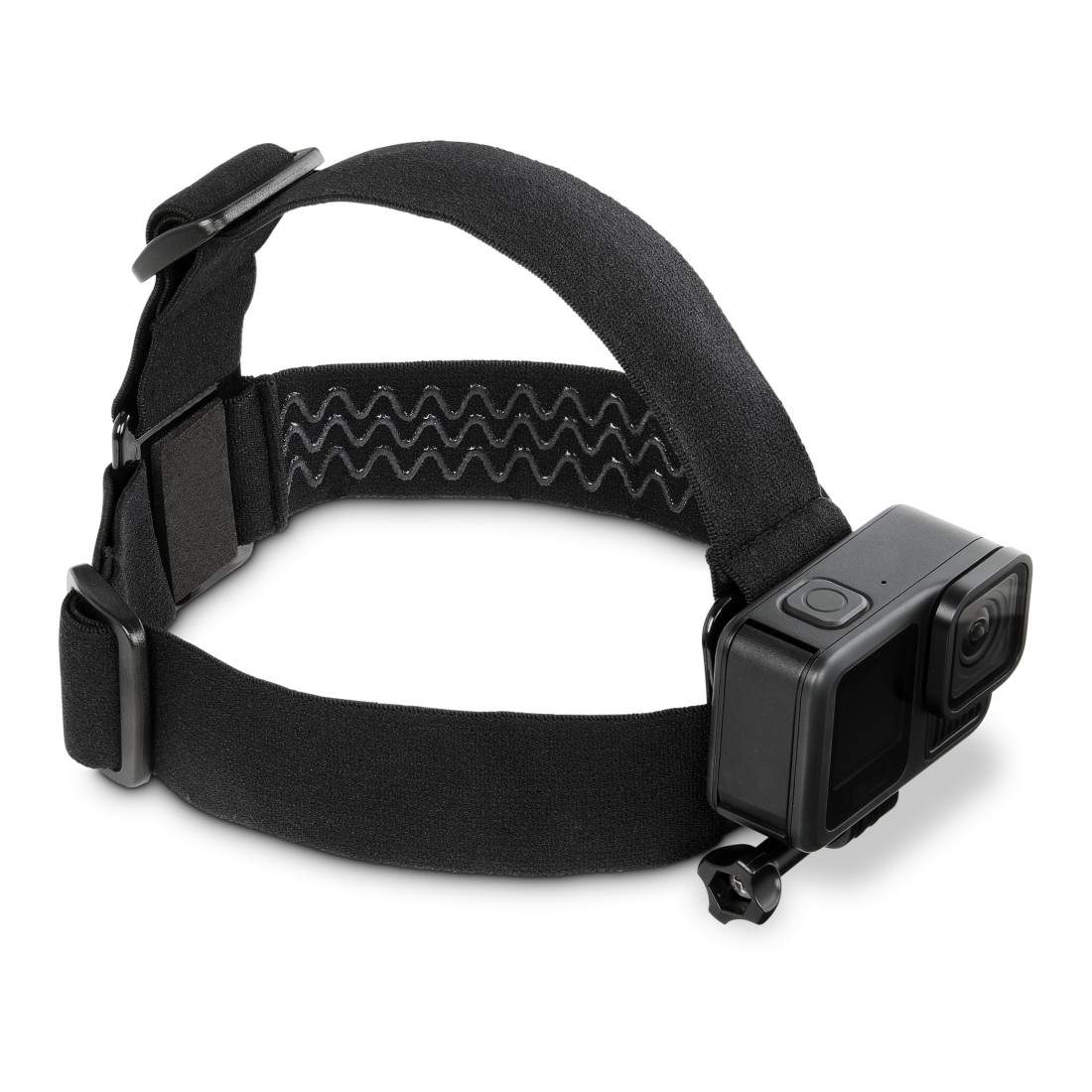 Czarna opaska na głowę do mocowania kamery GoPro z regulowanymi paskami.