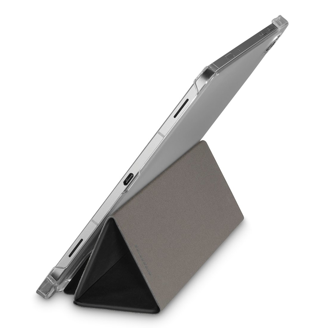 Srebrny tablet z szarą podstawką na białym tle.