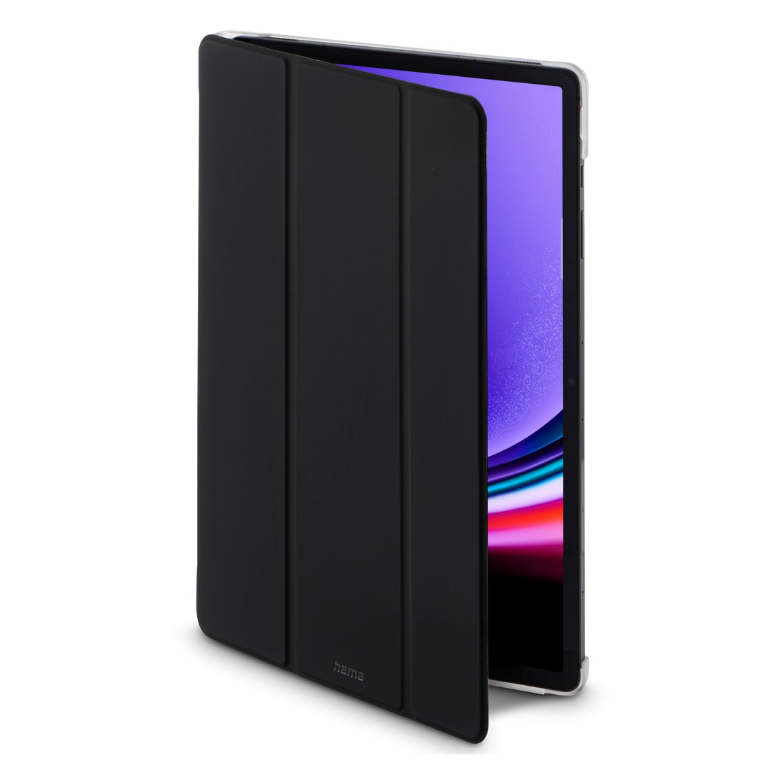 Czarny tablet z otwartą okładką, pokazujący część ekranu z fioletowym tłem.