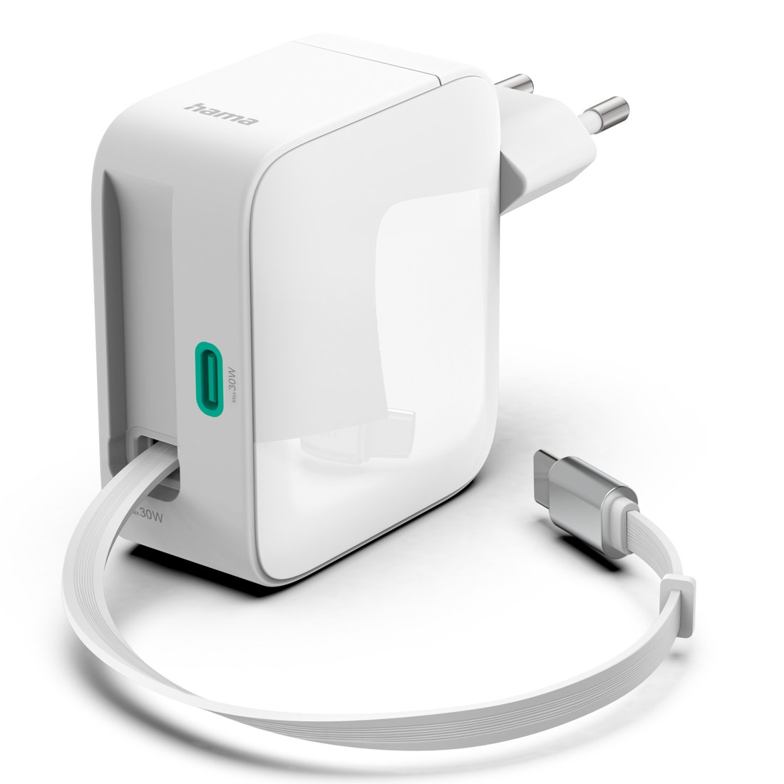 Biała ładowarka Hama z kablem USB-C i wtyczką. Max. 30W.