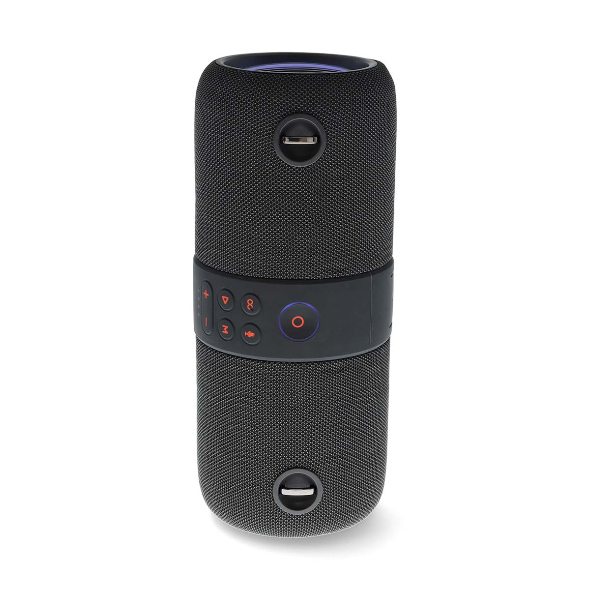 Enceinte Bluetooth noire avec boutons de commande et port USB.