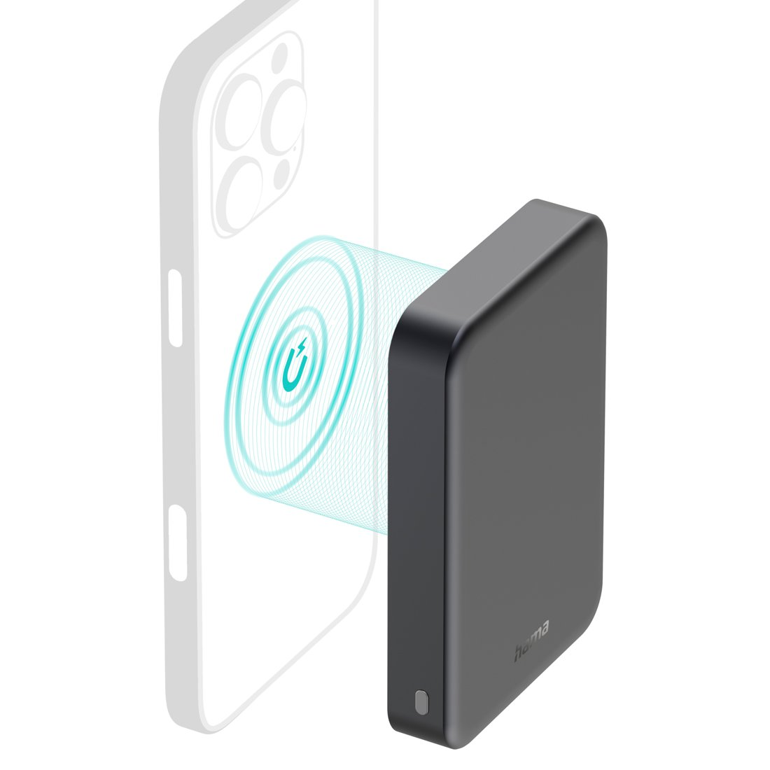 Czarne etui ładujące magnetycznie przymocowane do białego telefonu. Niebieskie sygnały ładowania.