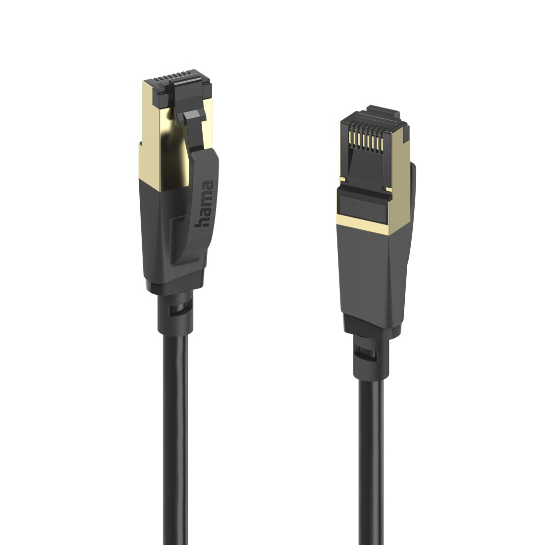 Dwa kable Ethernet z czarnymi i złotymi złączami na białym tle.