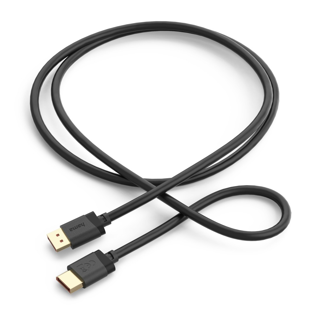 Czarny kabel USB-C ze złotymi złączami leży na białym tle.