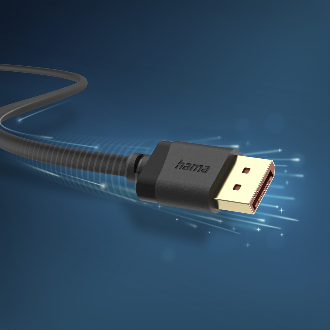 Czarny kabel HDMI Hama ze złotą wtyczką na niebieskim tle.
