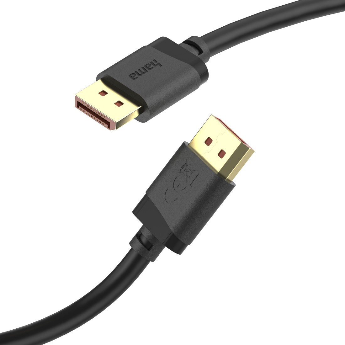 Dwa czarne kable DisplayPort ze złotymi złączami na białym tle.