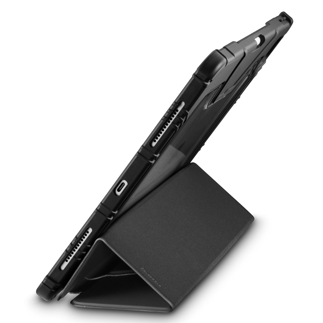 Czarny tablet w etui ochronnym z podstawką. Etui podpiera tablet.