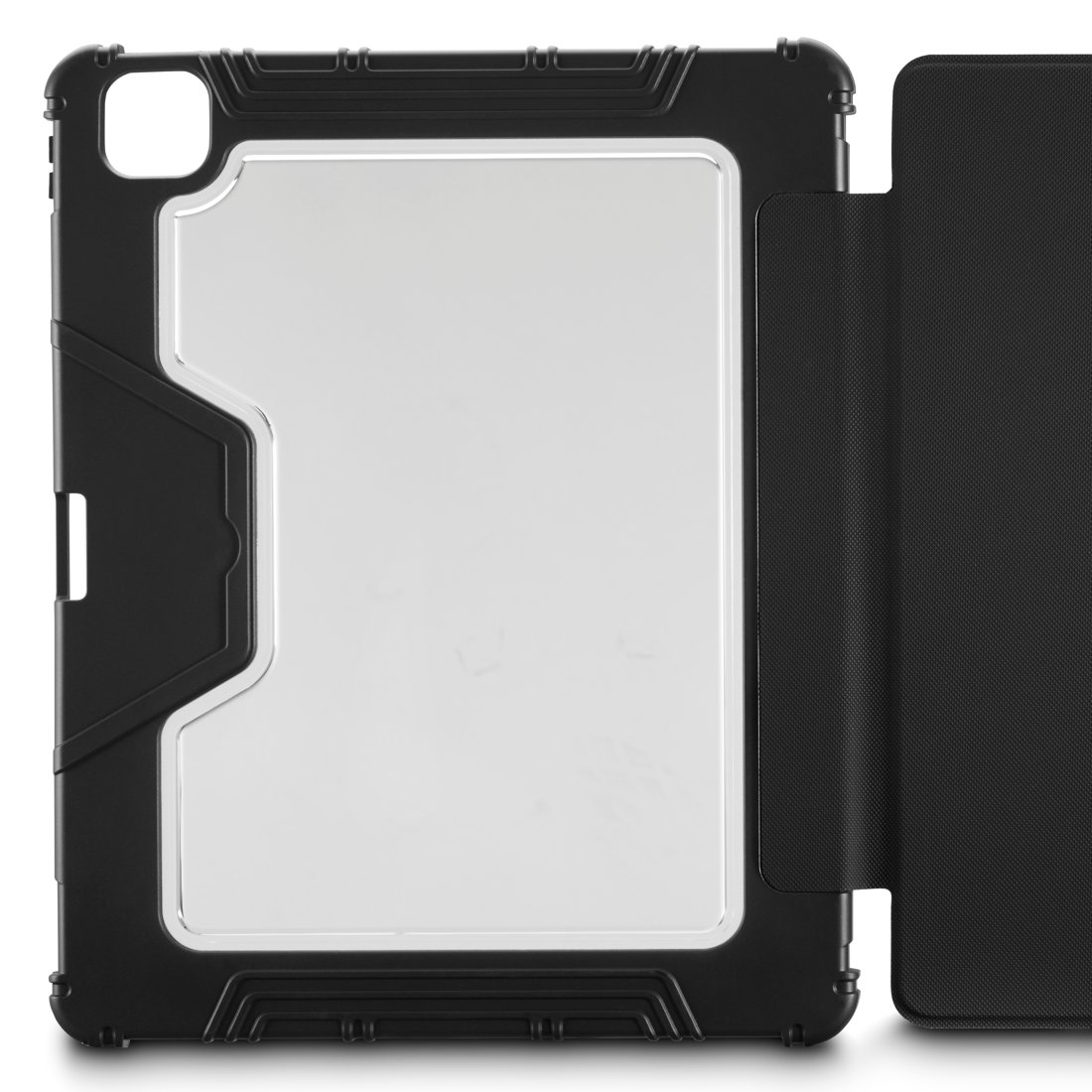 Czarne etui na tablet z przezroczystym okienkiem i klapką.