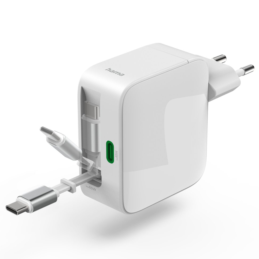Biała ładowarka Hama USB-C z dwoma kablami i zielonym portem.