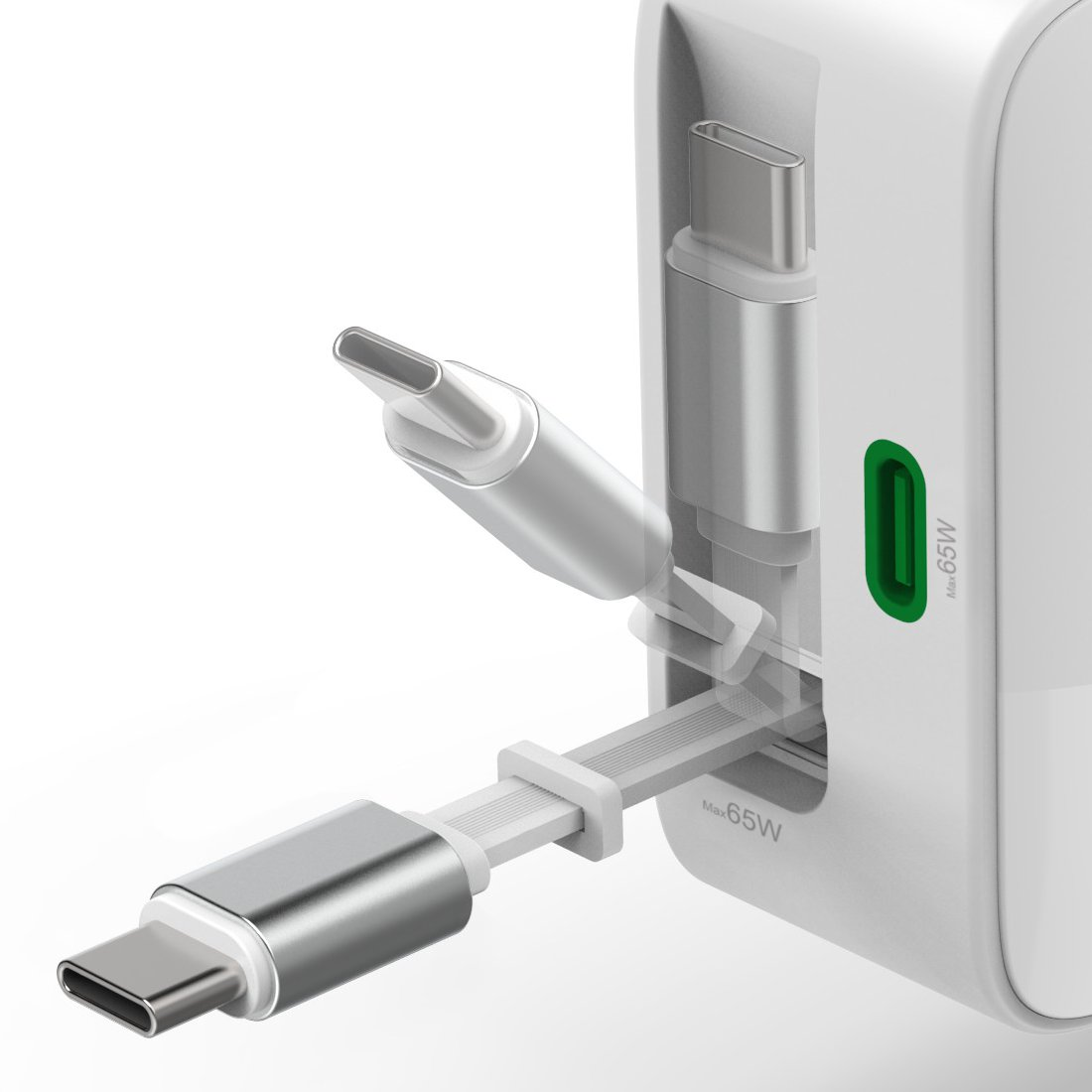 Biała ładowarka z dwoma podłączanymi kablami USB-C.