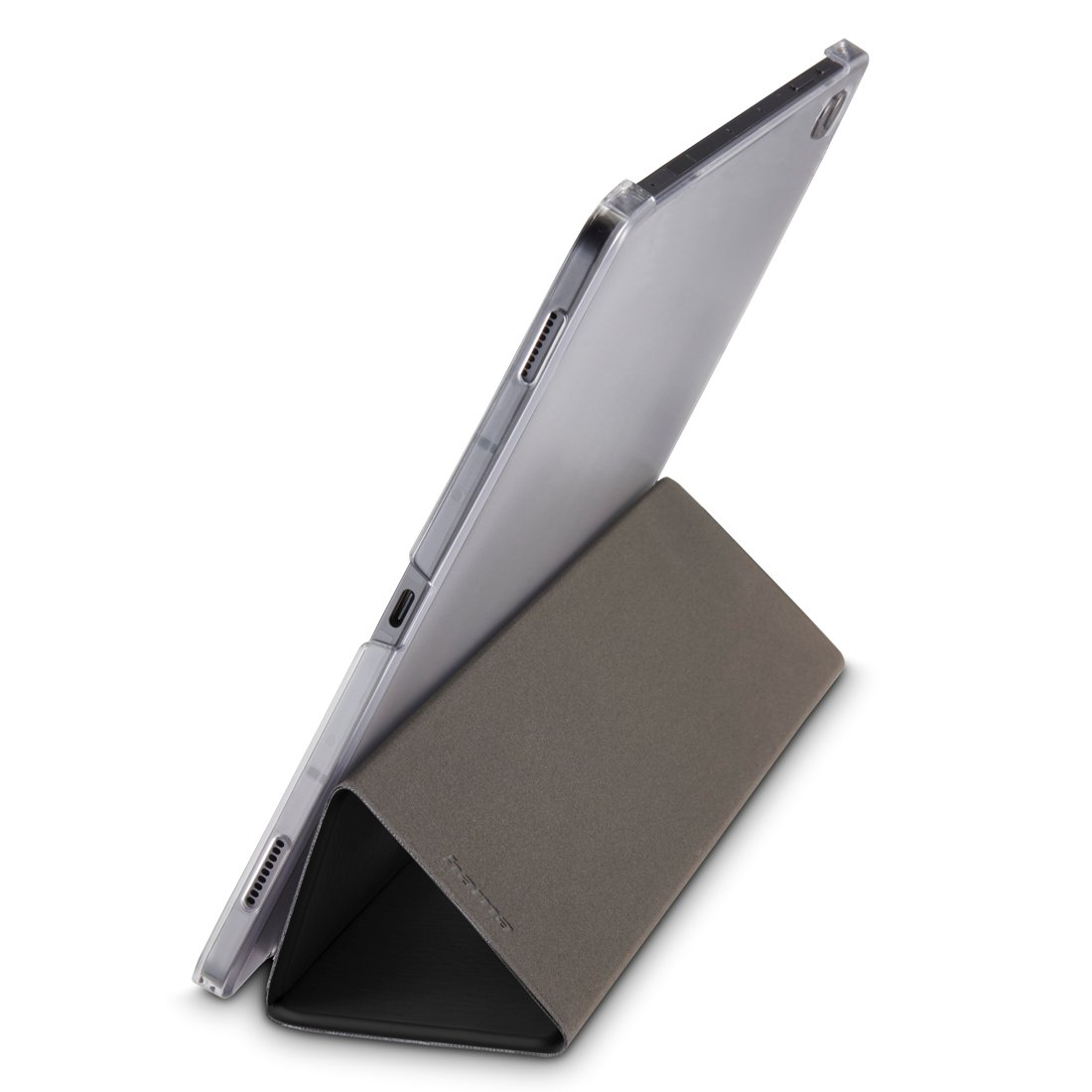 Przezroczysty tablet stoi na szarej, trójkątnej podstawce.