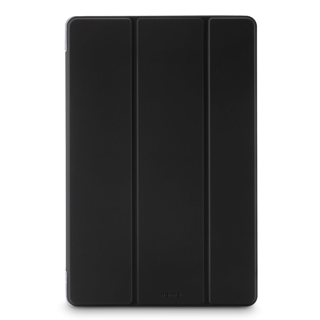 Czarna okładka na tablet z trzema liniami zgięcia, na białym tle.