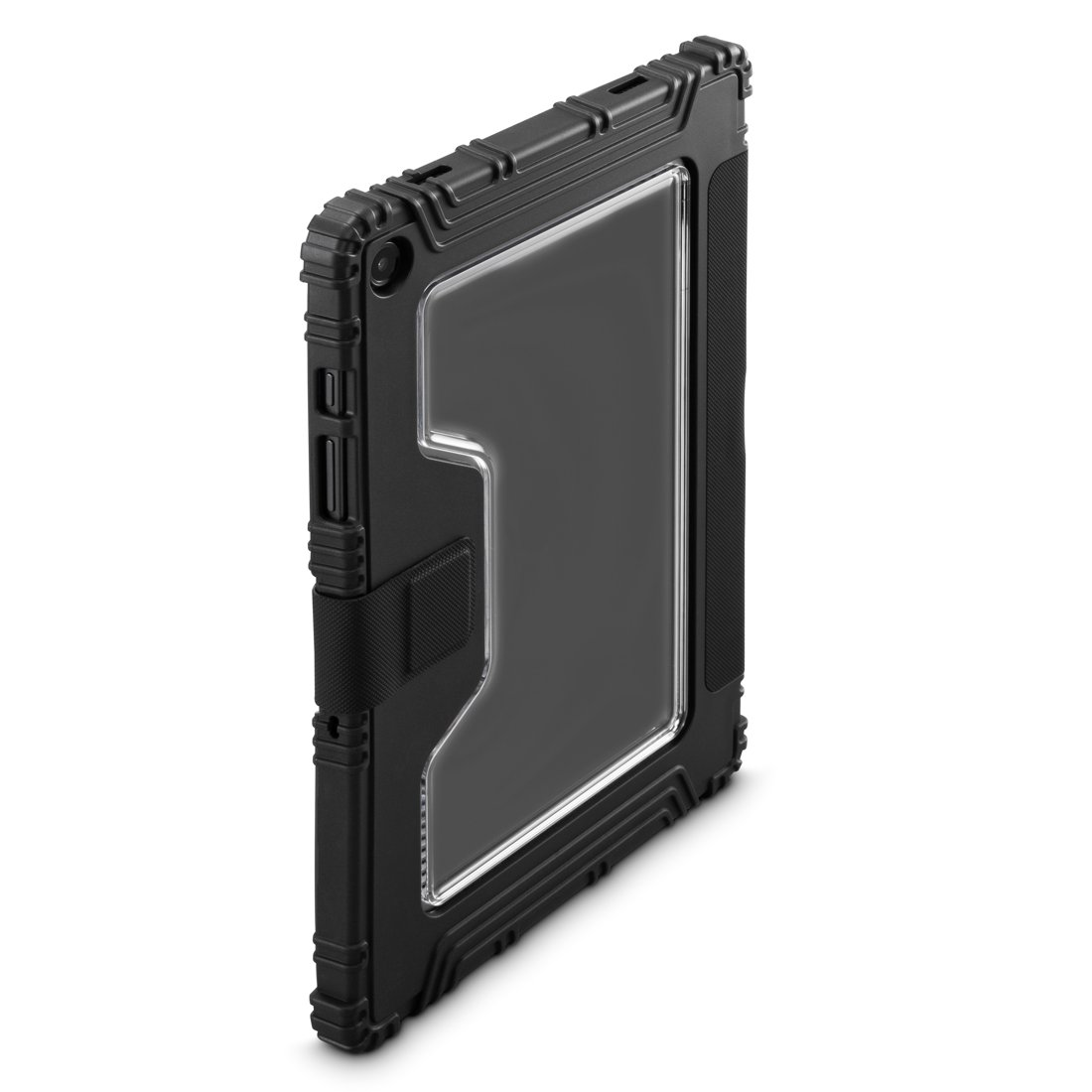 Czarny tablet z przezroczystym okienkiem i wytrzymałą obudową.
