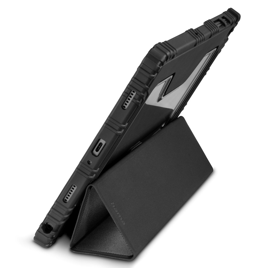 Czarne etui na tablet z podstawką i srebrnym logo, na białym tle.