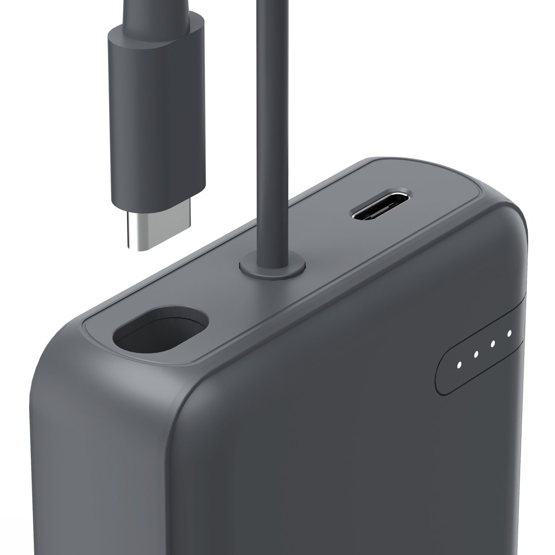 Szara wtyczka i kabel USB-C zbliżają się do ciemnego urządzenia ładującego.