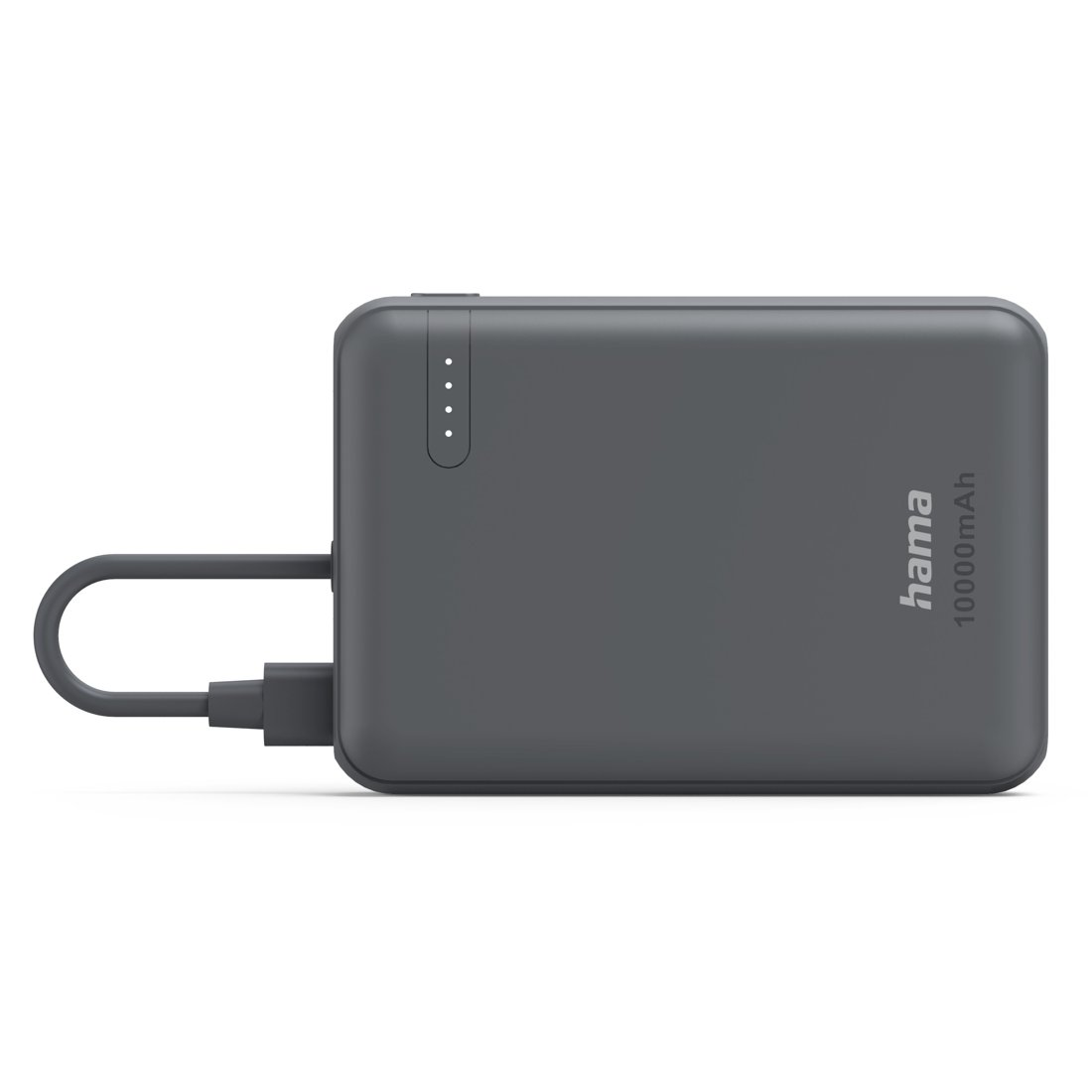 Szary power bank Hama 10000mAh z podłączonym kablem USB.