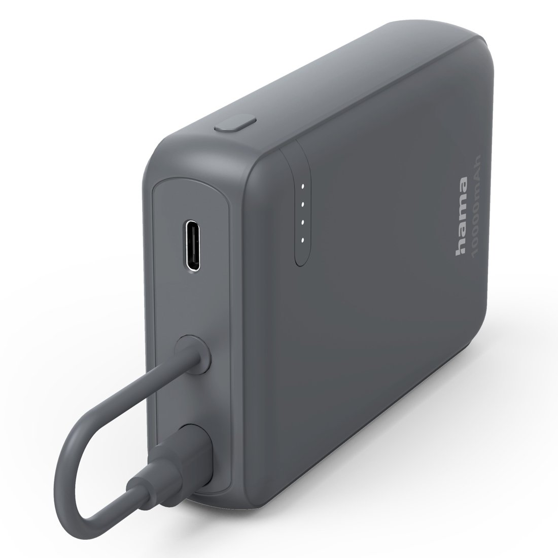 Szary powerbank Hama 10000mAh, port USB-C i kabel ładujący.