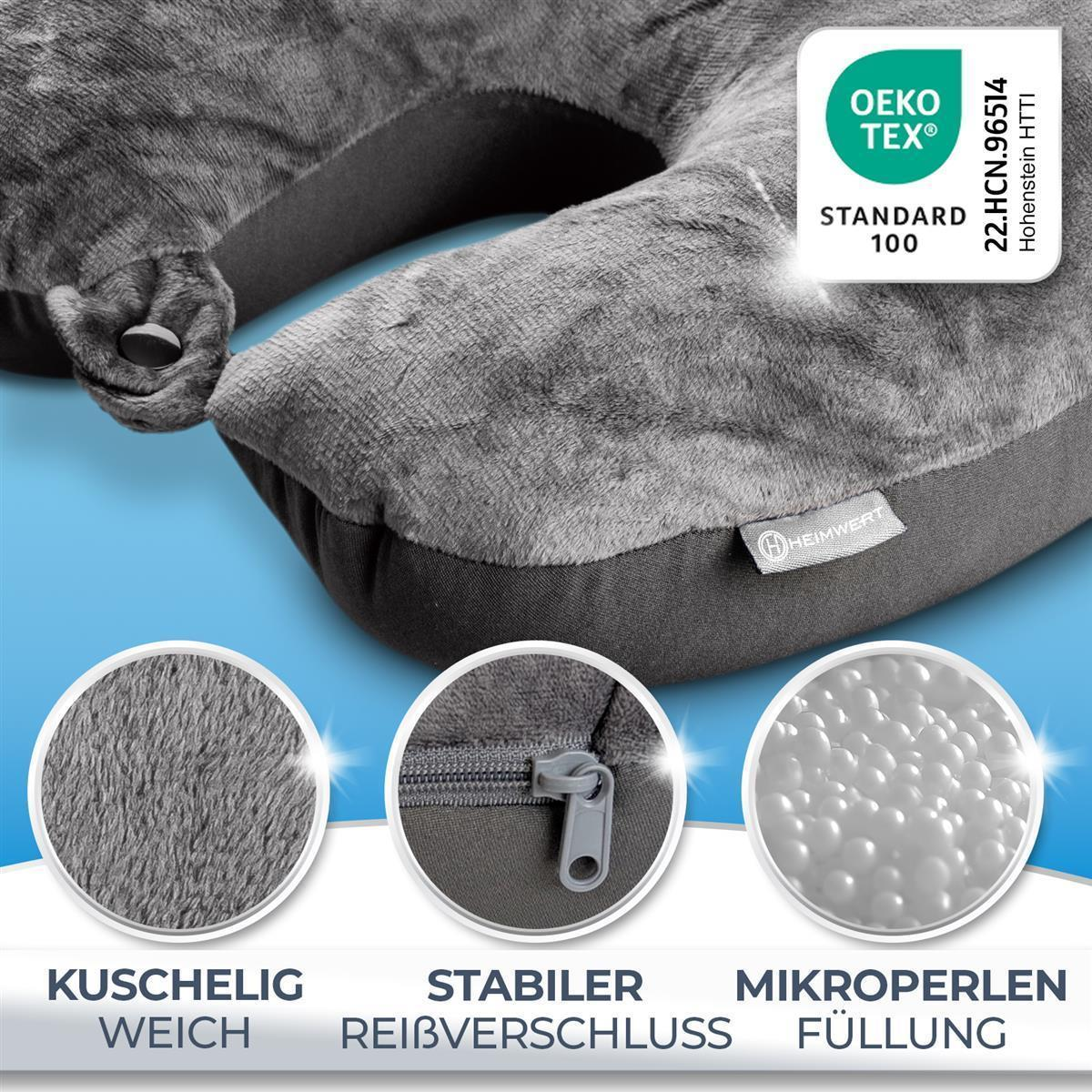 Graues Nackenkissen mit drei Detailansichten: Stoff, Reißverschluss und Füllung.