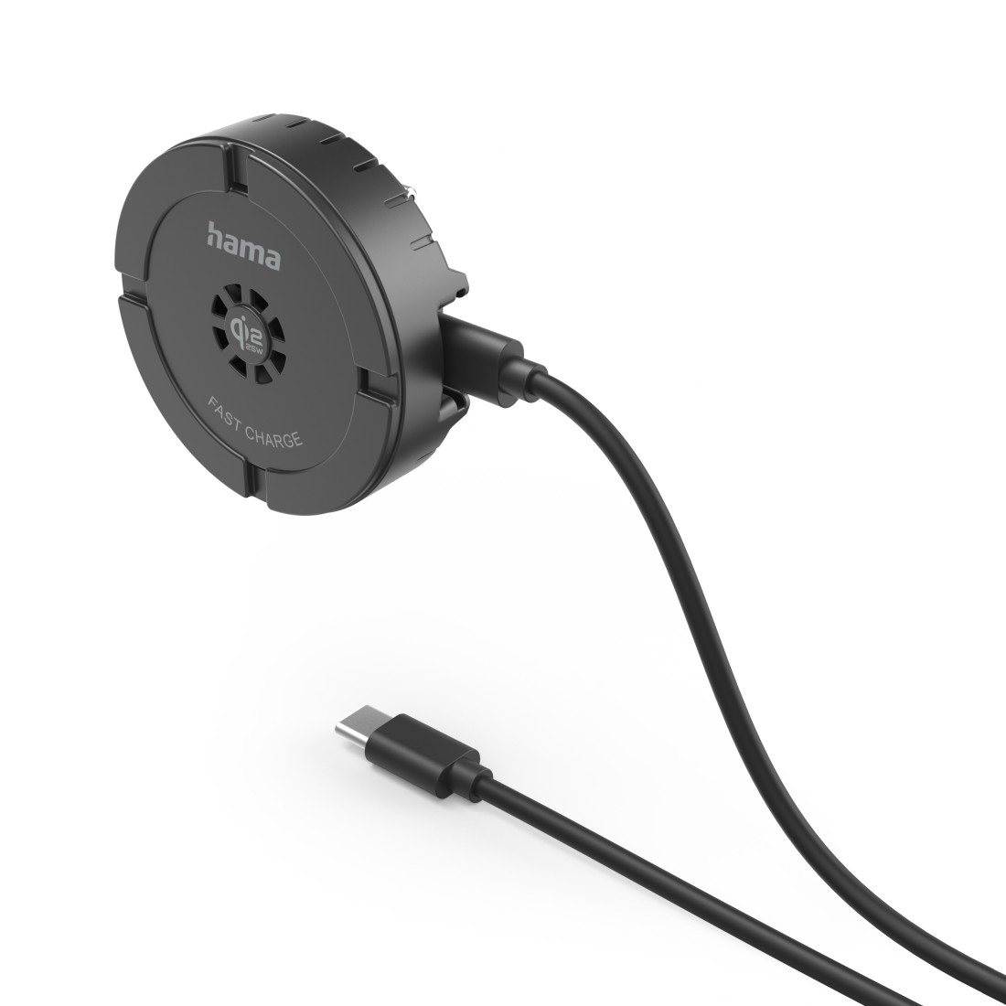 Czarna ładowarka Hama z szybkim ładowaniem i kablem USB-C na białym tle.