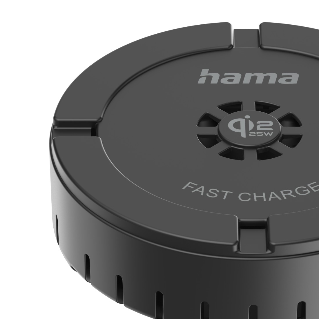 Czarna ładowarka Qi z logo 'hama' i 'FAST CHARGE'.