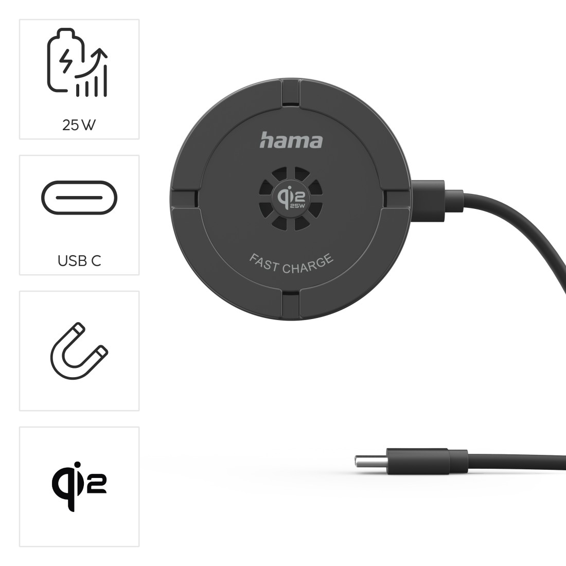 Czarna ładowarka Hama Qi 25W, z portem USB-C i funkcją szybkiego ładowania.