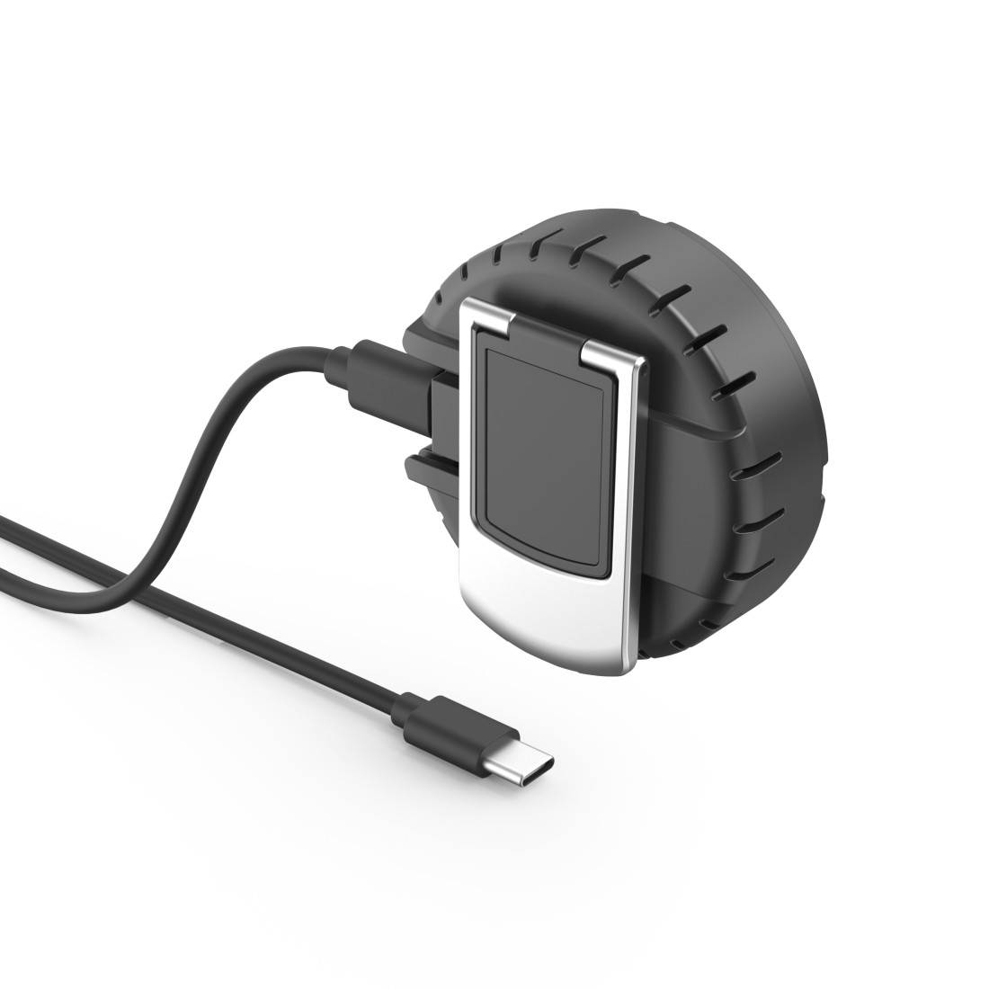 Czarny okrągły przedmiot z kablem USB-C, srebrnymi akcentami i szczelinami.