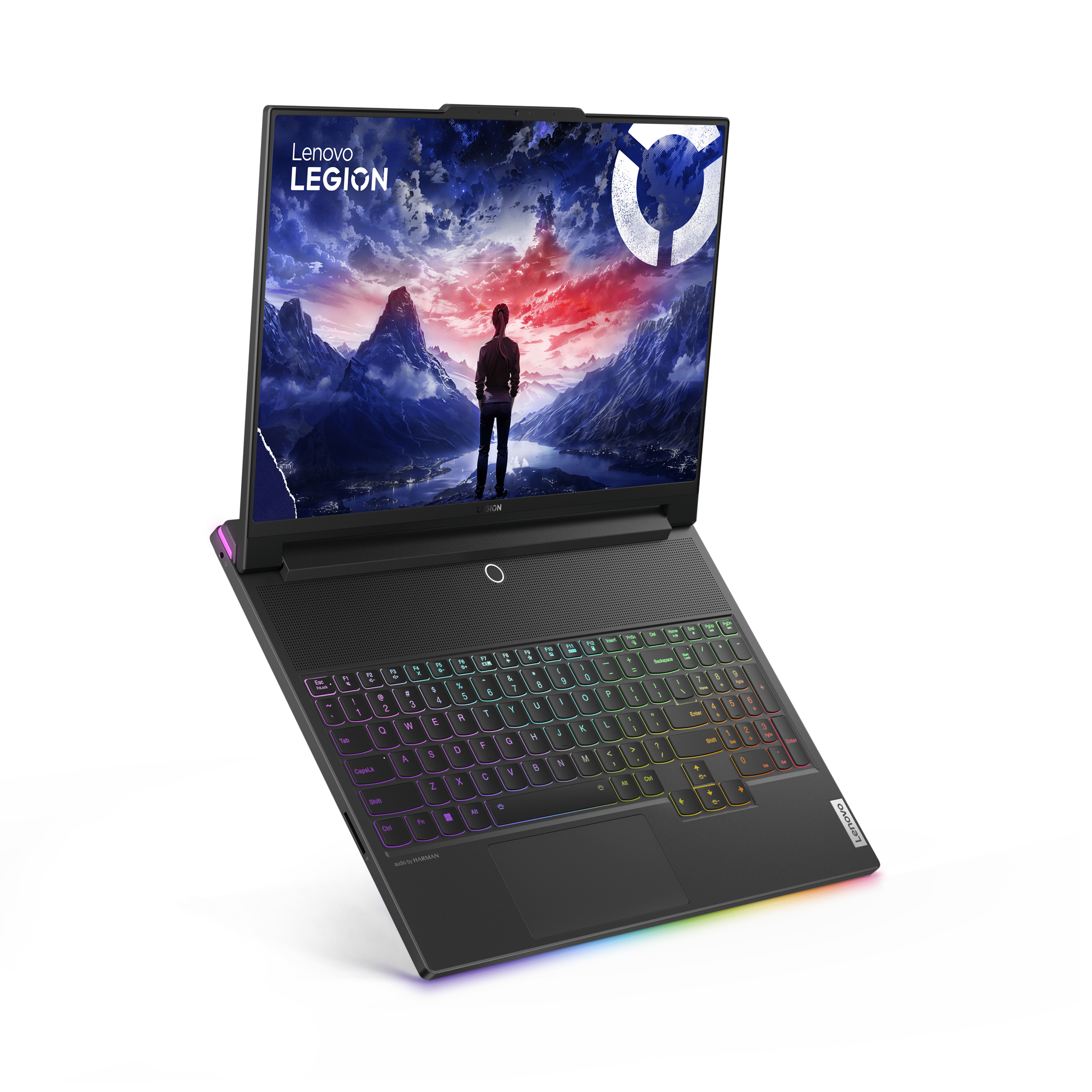 Un laptop Lenovo Legion nero aperto, mostra uno sfondo di paesaggio montano vibrante.