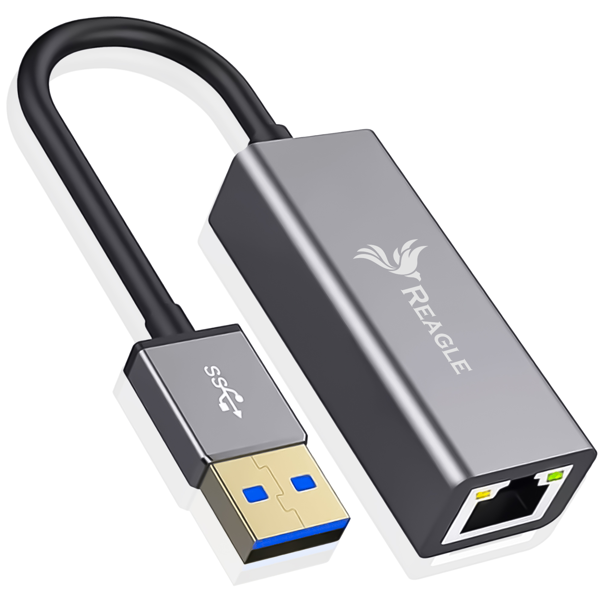 Szary adapter USB na Ethernet z wtyczką USB i portem Ethernet.