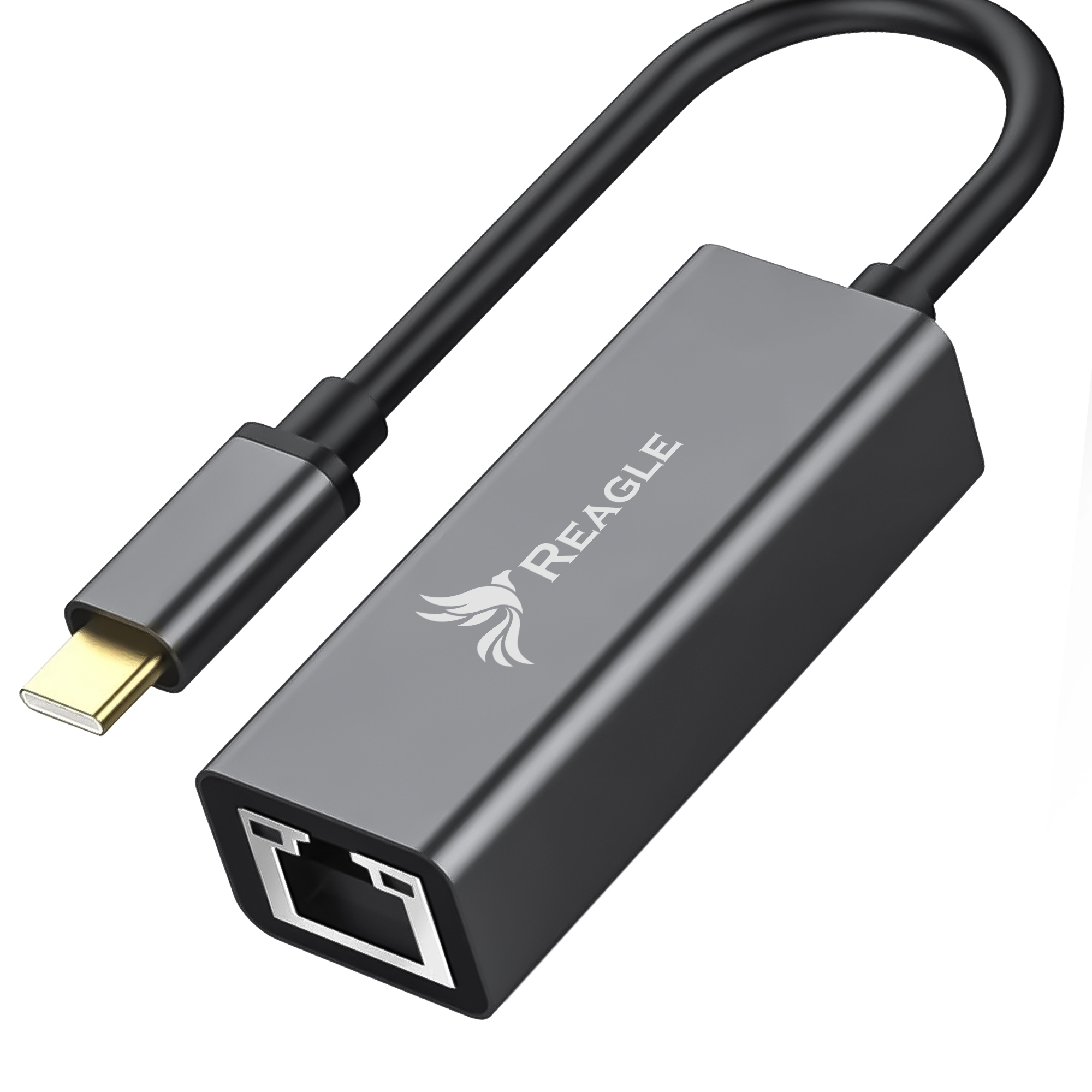 Szary adapter USB-C do Ethernet z czarnym kablem i złotym złączem.