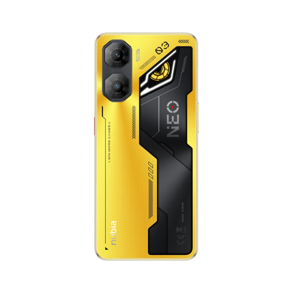 Żółty smartfon z czarnym designem, dwoma aparatami i napisem NEO.