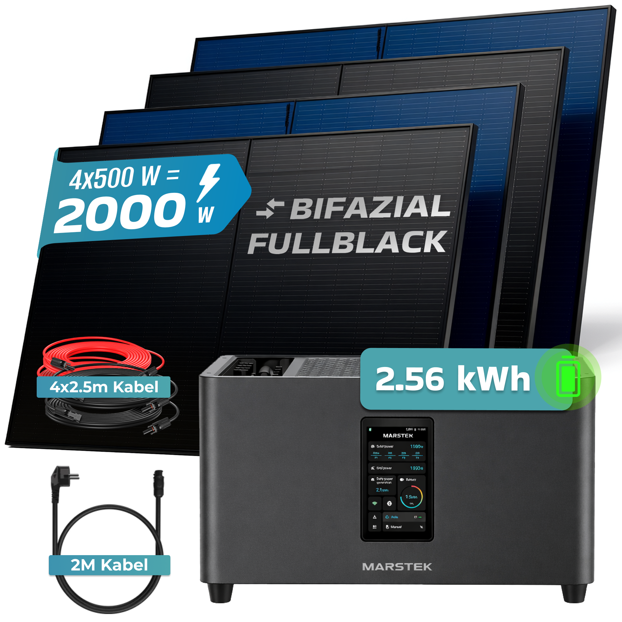 Solarmodule, Kabel und eine Powerstation mit Display. 2000 W Leistung.