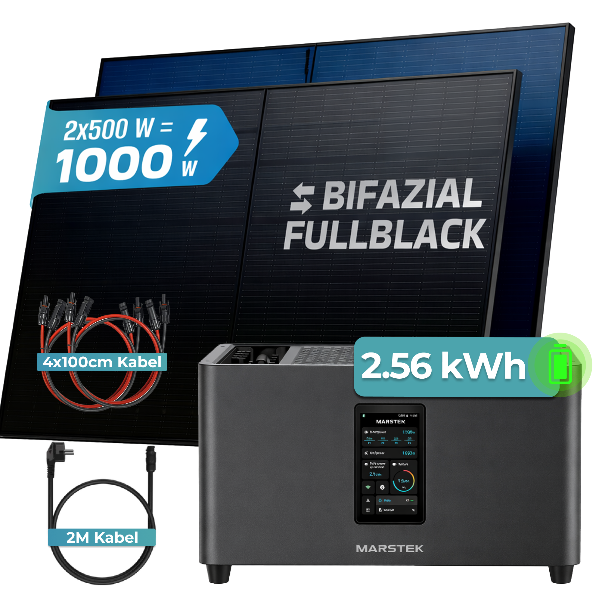 Bifaziale Fullblack Solarpanels mit 1000W, einem 2.56 kWh Speicher und Kabeln.