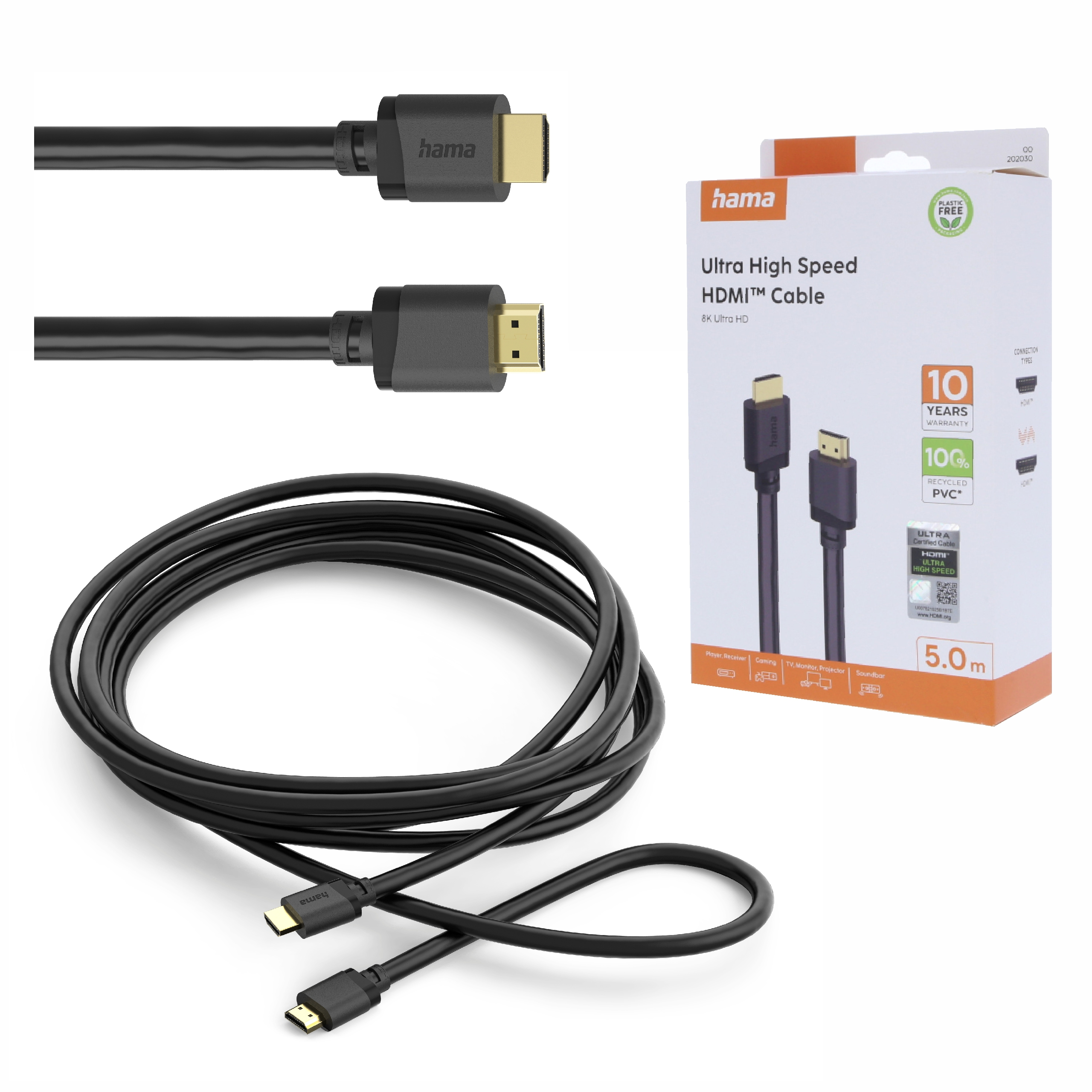 Czarny kabel HDMI z dwoma złączami i opakowaniem.