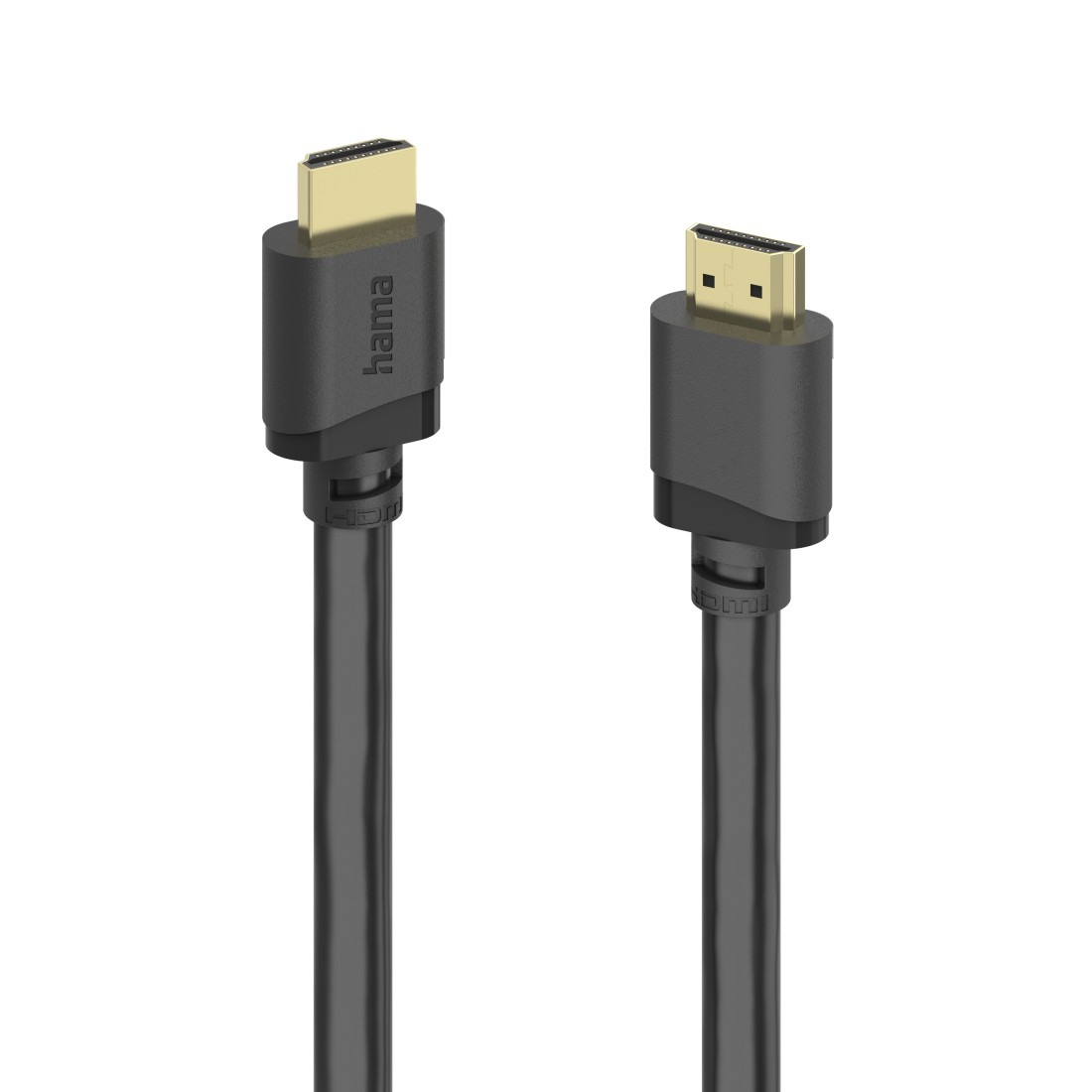 Dwa czarne kable HDMI ze złotymi złączami, na białym tle.