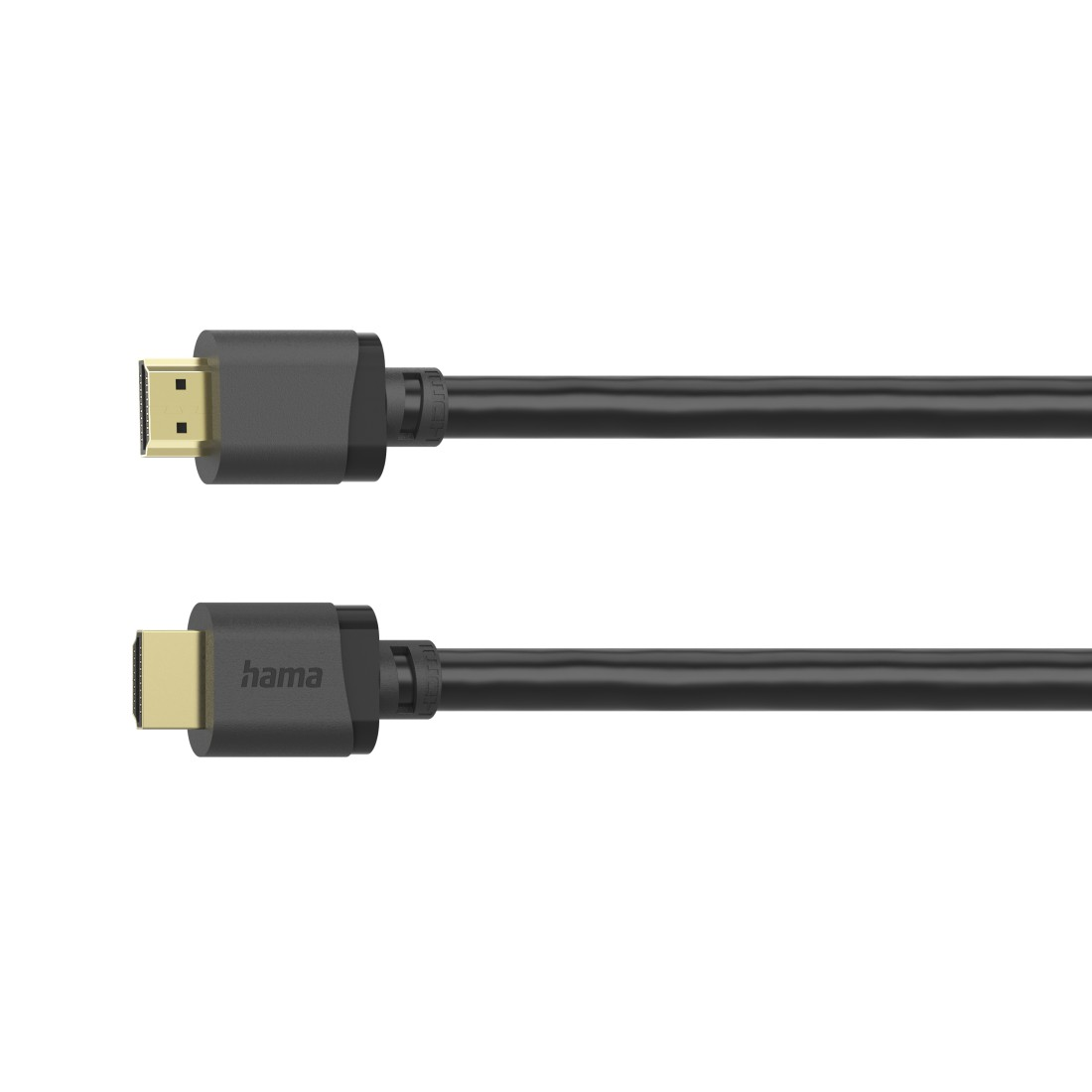 Dwa czarne kable HDMI ze złotymi złączami na białym tle.