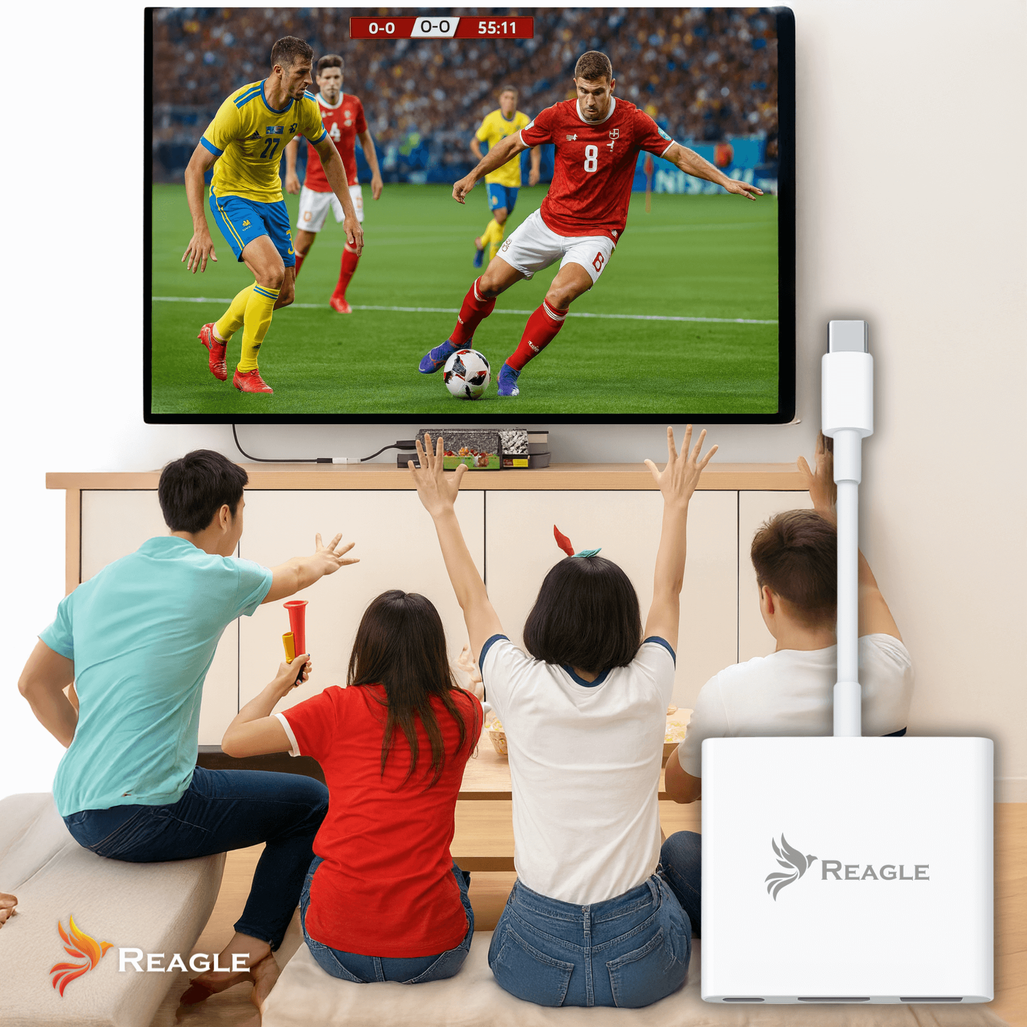 Cuatro personas ven fútbol en la TV. Un adaptador Reagle está cerca.