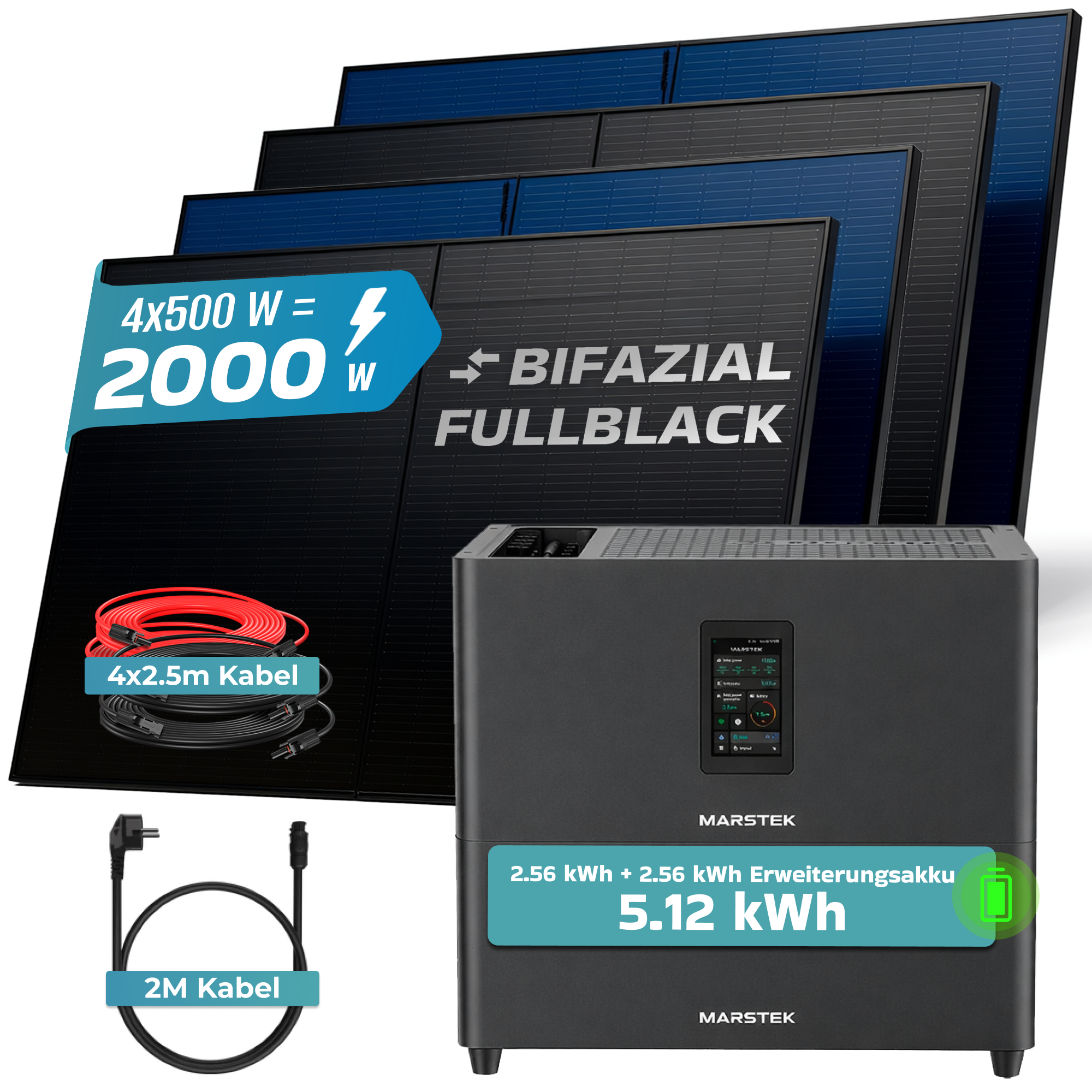 Vier 500W Bifazial-Solarpanels, Wechselrichter und Kabel.