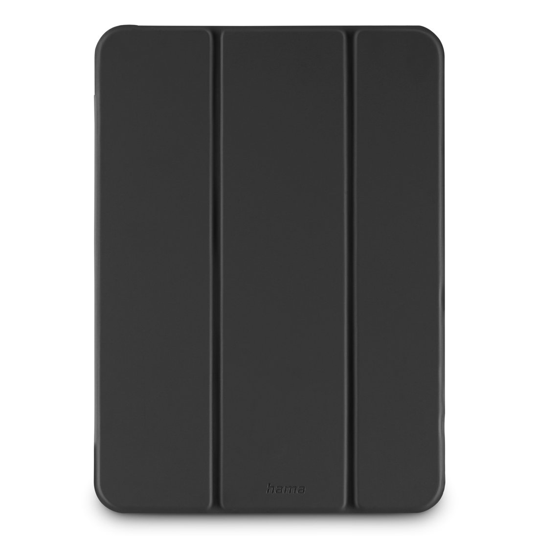 Zamknięte, ciemnoszare etui na tablet z trzema pionowymi zagięciami z przodu.