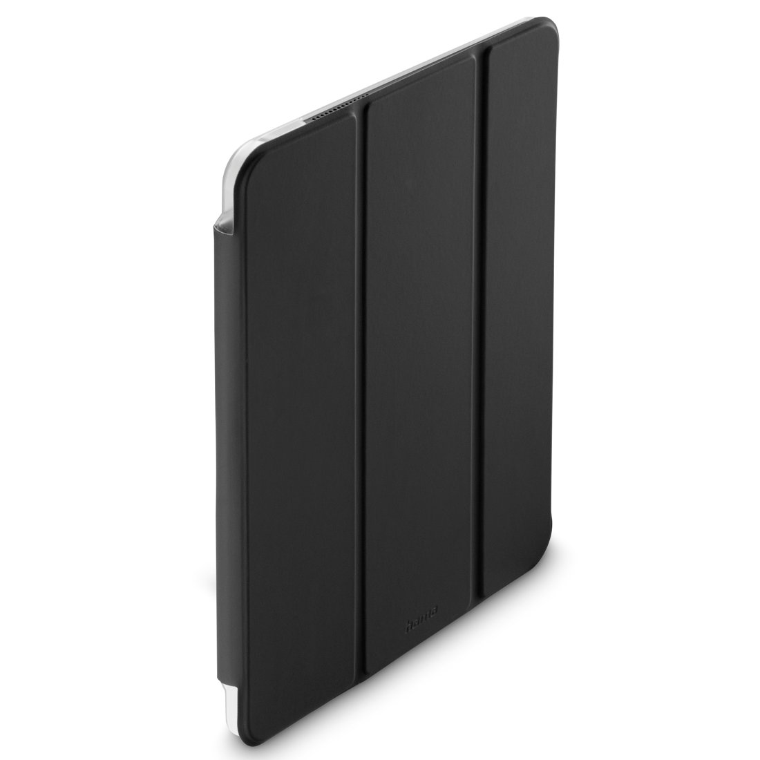 Czarna okładka na tablet z trzema zagięciami, otwarta z jednej strony.