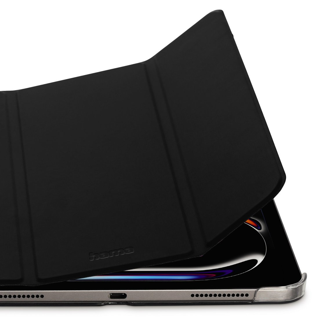 Czarna osłona na tablet, częściowo otwarta, ukazująca fragment ekranu.